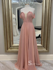 Chic A-line Off-the-shoulder Pink Long Prom Dresses Chiffon Formal Gowns CBD057