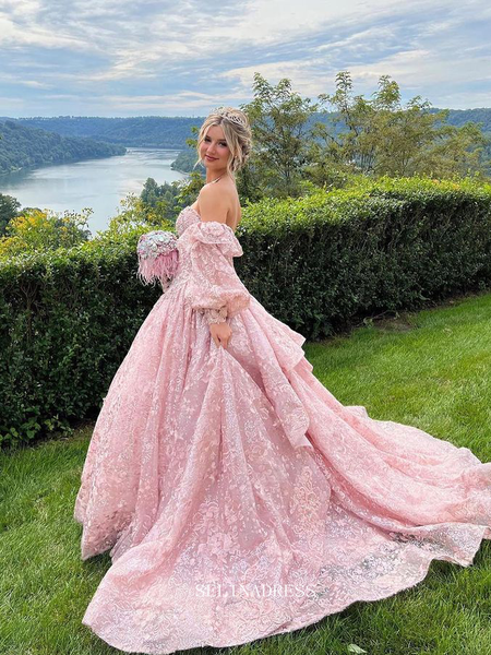 Chic Two Pieces Long Sleeve Prom Dress Blush Pink Elegant Evening Dres –  SELINADRESS