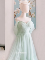 Chic A-line Off-the-shoulder Sage Green Long Prom Dresses Tulle Quincess Dresses Cheap Evening Dress OSTY029|Selinadress