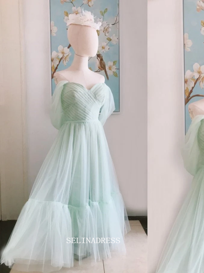 Chic A-line Off-the-shoulder Sage Green Long Prom Dresses Tulle Quincess Dresses Cheap Evening Dress OSTY029|Selinadress