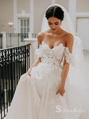 Chic A-line Off-the-shoulder Sweep Train Rustic Lace Wedding Gowns CBD077|Selinadress