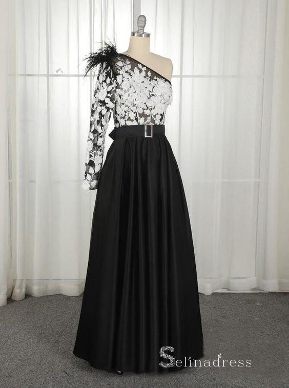 Chic A-line One Shoulder Black Long Prom Dresses Applique Evening Gowns MHL174|Selinadress