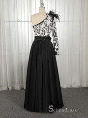 Chic A-line One Shoulder Black Long Prom Dresses Applique Evening Gowns MHL174|Selinadress