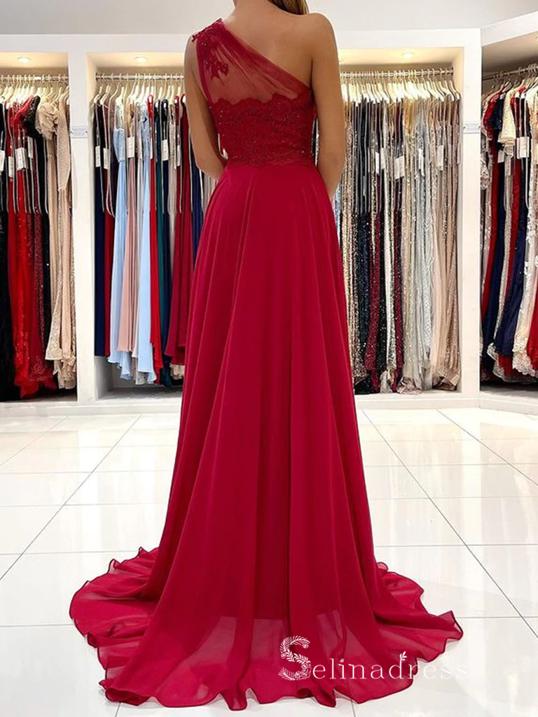 Chic A-line One Shoulder Chiffon Red Long Prom Dresses Evening Dresses MLH1247