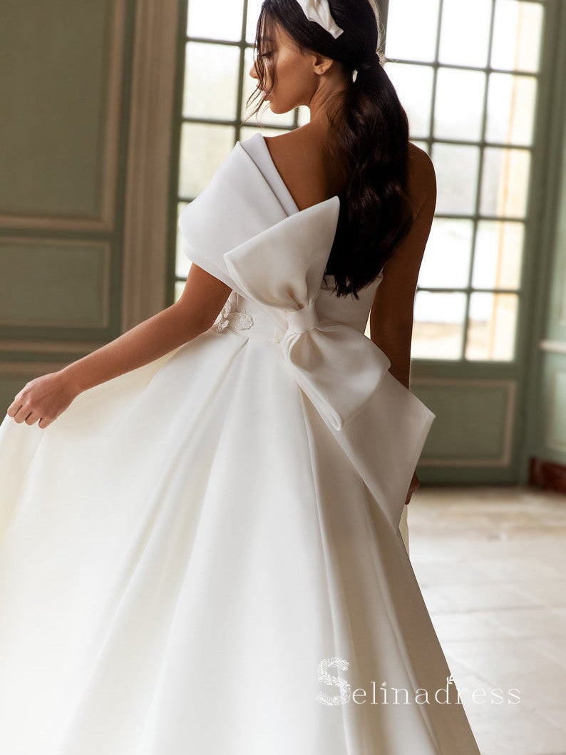 Chic A-line One Shoulder White Wedding Dresses WIth Big Bow Bridal Gowns CBD413|Selinadress