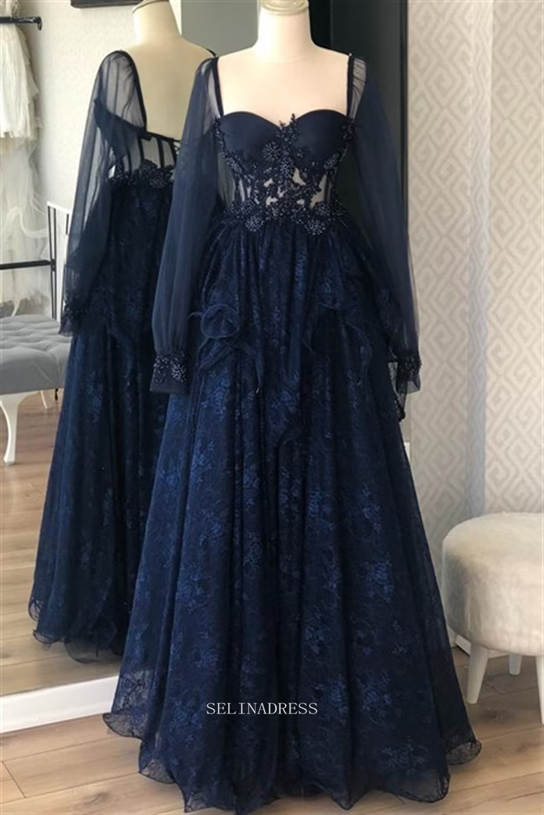 Chic A-line Dark Navy Long Prom Dresses With Long Sleeve Lace Evening Dresses POL019|Selinadress