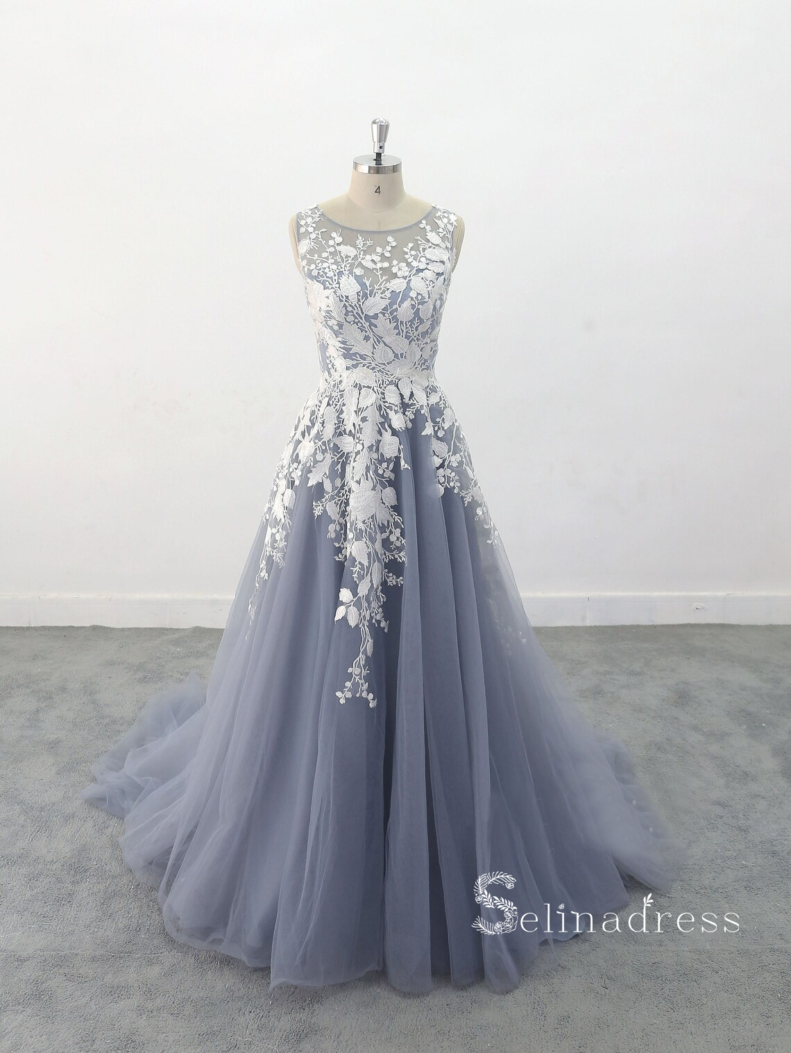 Chic A-line Scoop Blue Long Prom Dresses Applique Evening Dress MLK05165|Selinadress