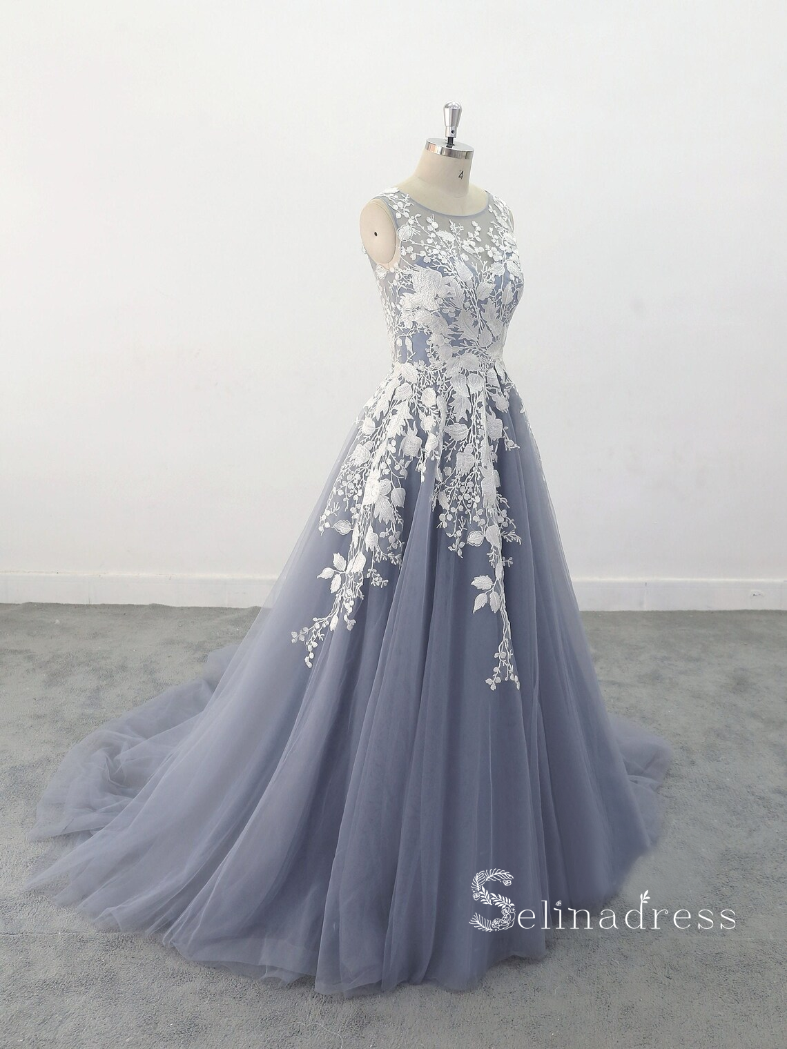 Chic A-line Scoop Blue Long Prom Dresses Applique Evening Dress MLK05165|Selinadress