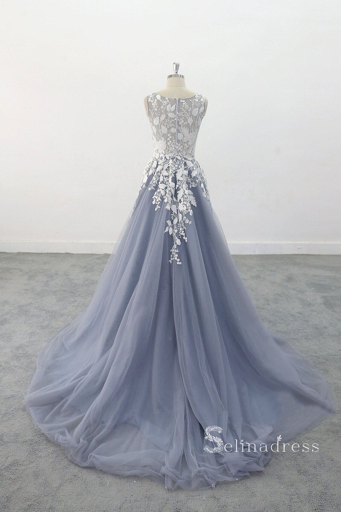 Chic A-line Scoop Blue Long Prom Dresses Applique Evening Dress MLK05165|Selinadress