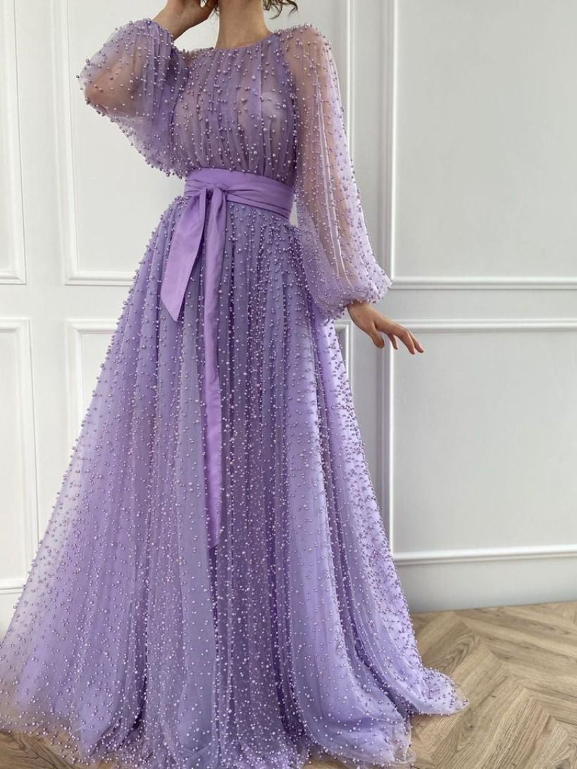 Chic A-line Scoop Long Sleeve Lilac Long Prom Dresses Beaded Evening Dress CBD031