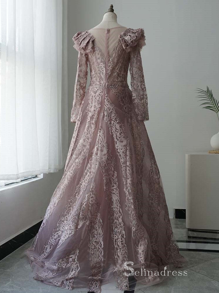 Chic A-line Scoop Long Sleeve luxury Pink Long Prom Dress Embroidery Lace Evening Gowns MLH0466|Selinadress