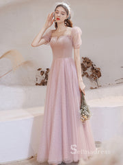 Chic A-line Scoop Pink Long Prom Dresses Short Sleeve Unique Formal Gowns CBD202|Selinadress