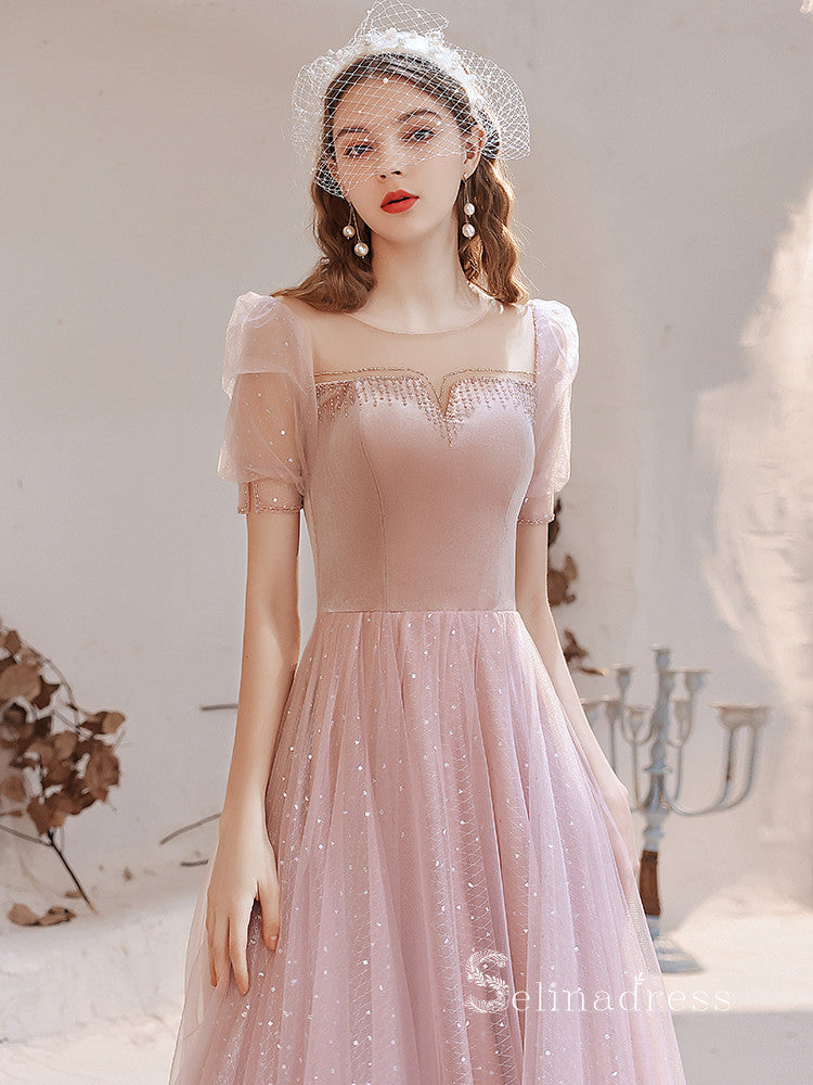 Chic A-line Scoop Pink Long Prom Dresses Short Sleeve Unique Formal Gowns CBD202|Selinadress