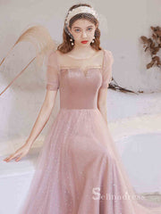 Chic A-line Scoop Pink Long Prom Dresses Short Sleeve Unique Formal Gowns CBD202|Selinadress