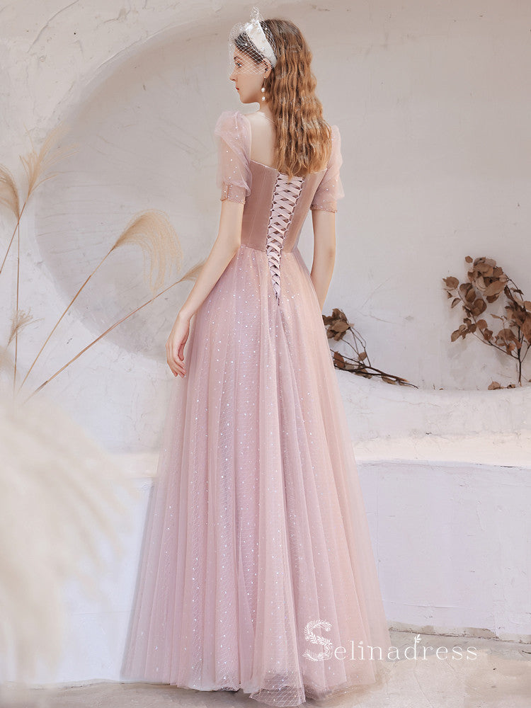 Chic A-line Scoop Pink Long Prom Dresses Short Sleeve Unique Formal Gowns CBD202|Selinadress