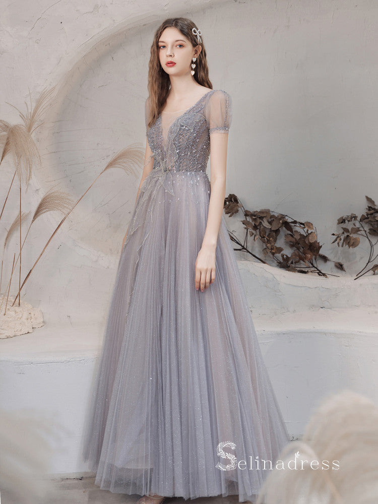 Chic A-line Scoop Unique Long Prom Dresses Short SleeveFormal Gowns CBD201|Selinadress