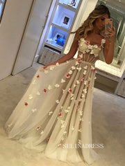 Chic A-line Spaghetti Straps 3D Floral Wedding Dress Rustic Lace Bridal Gowns JKW210|Selinadress