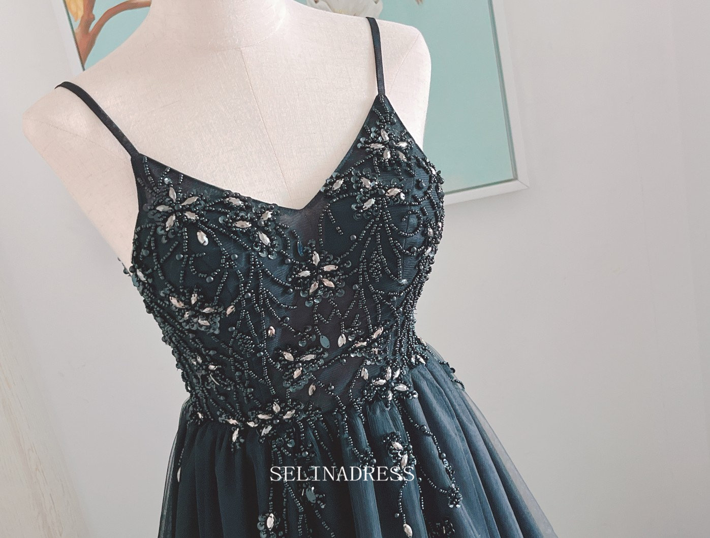 Chic A-line Spaghetti Straps Black Long Prom Dresses Beaded Bridesmaid Dresses Long Formal Dress OSTY055