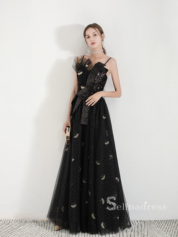 Chic A-line Spaghetti Straps Black Long Prom Dresses Unique Evening Dress MSK007|Selinadress