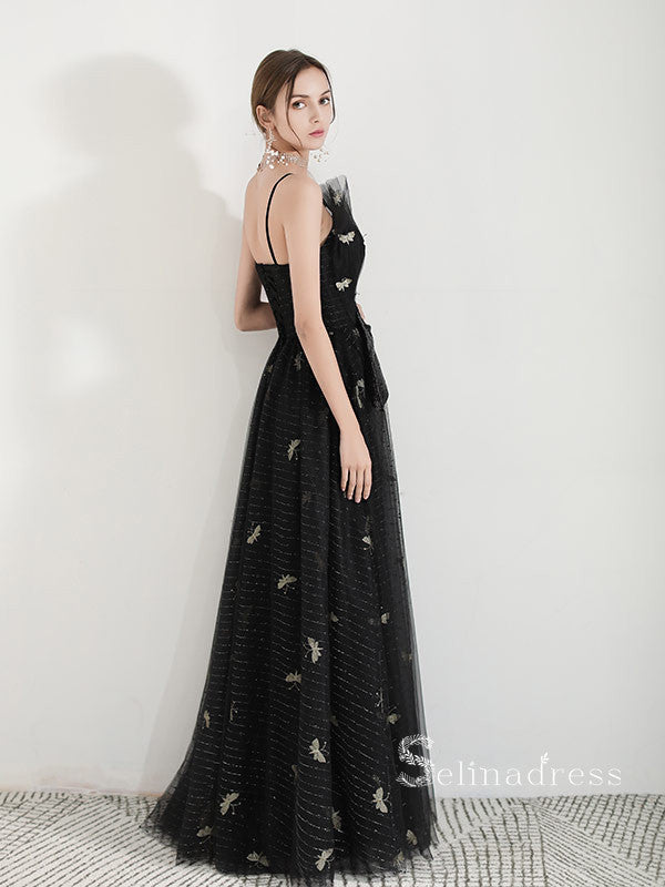 Chic A-line Spaghetti Straps Black Long Prom Dresses Unique Evening Dress MSK007|Selinadress