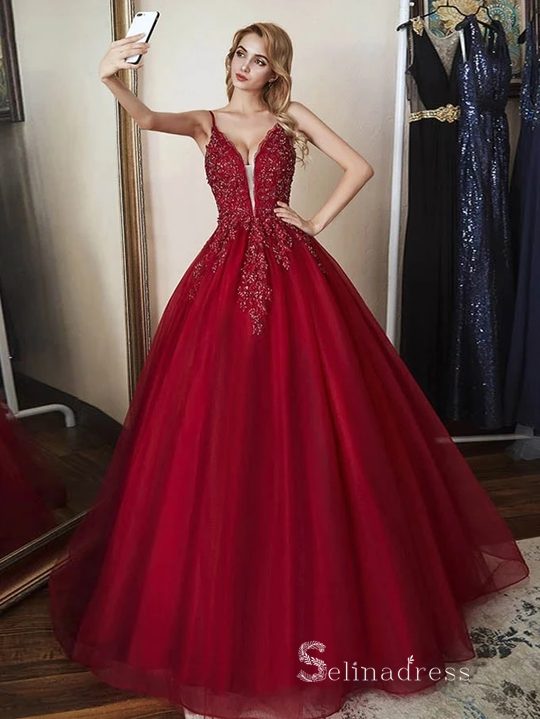 Burgundy A-line Luxury Lace Prom Dress Long Sleeve Beaded Evening Form –  SELINADRESS