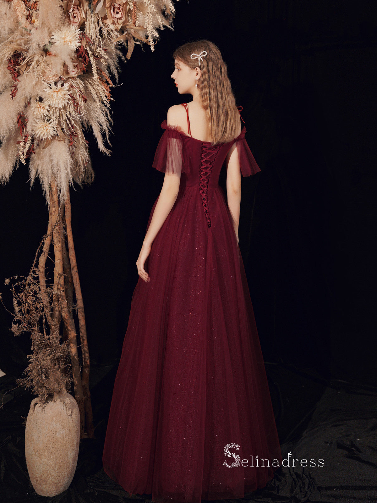 Chic A-line Spaghetti Straps Burgundy Long Prom Dresses Unique Formal Gowns CBD114