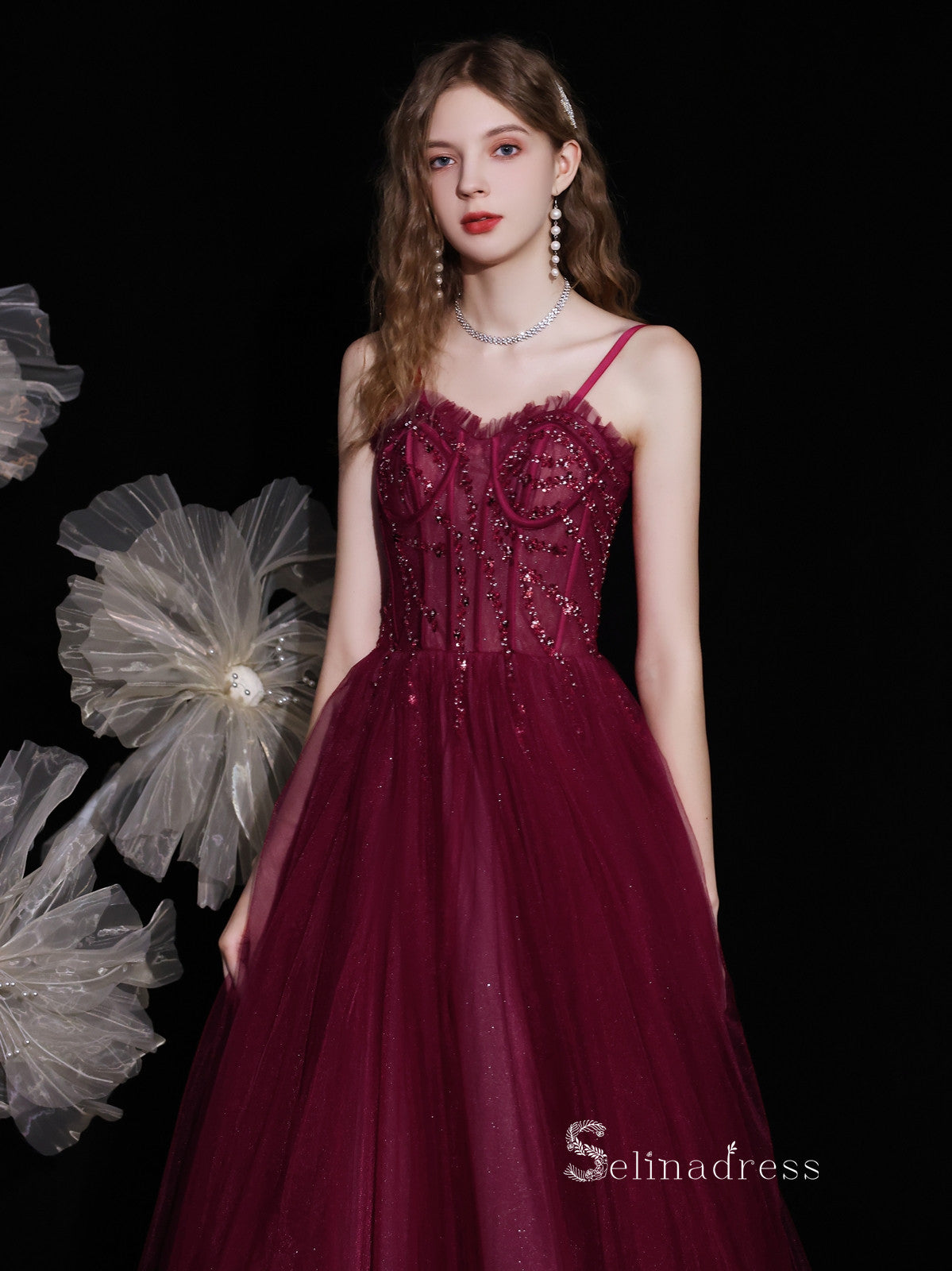 Chic A-line Spaghetti Straps Burgundy Long Prom Dresses Unique Formal Gowns CBD116