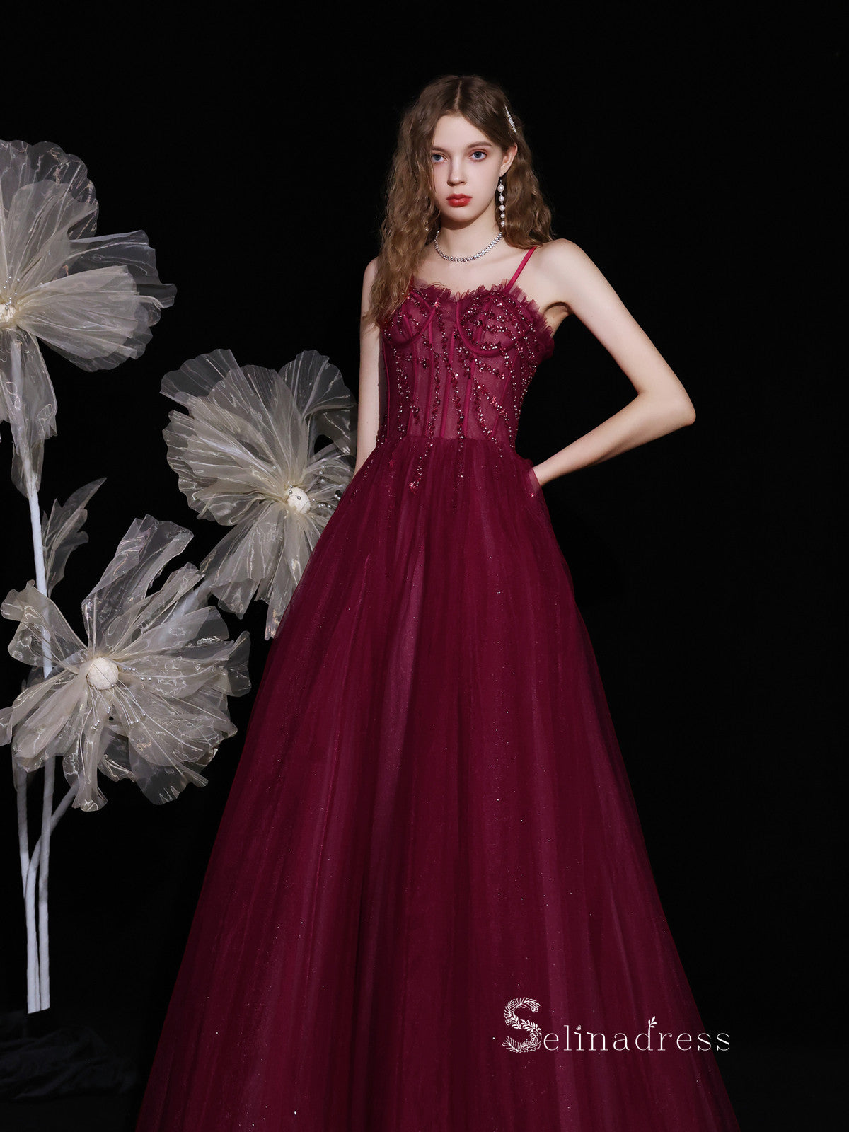 Chic A-line Spaghetti Straps Burgundy Long Prom Dresses Unique Formal Gowns CBD116