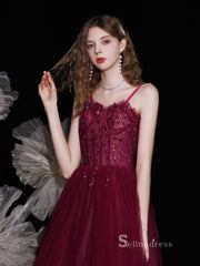 Chic A-line Spaghetti Straps Burgundy Long Prom Dresses Unique Formal Gowns CBD116