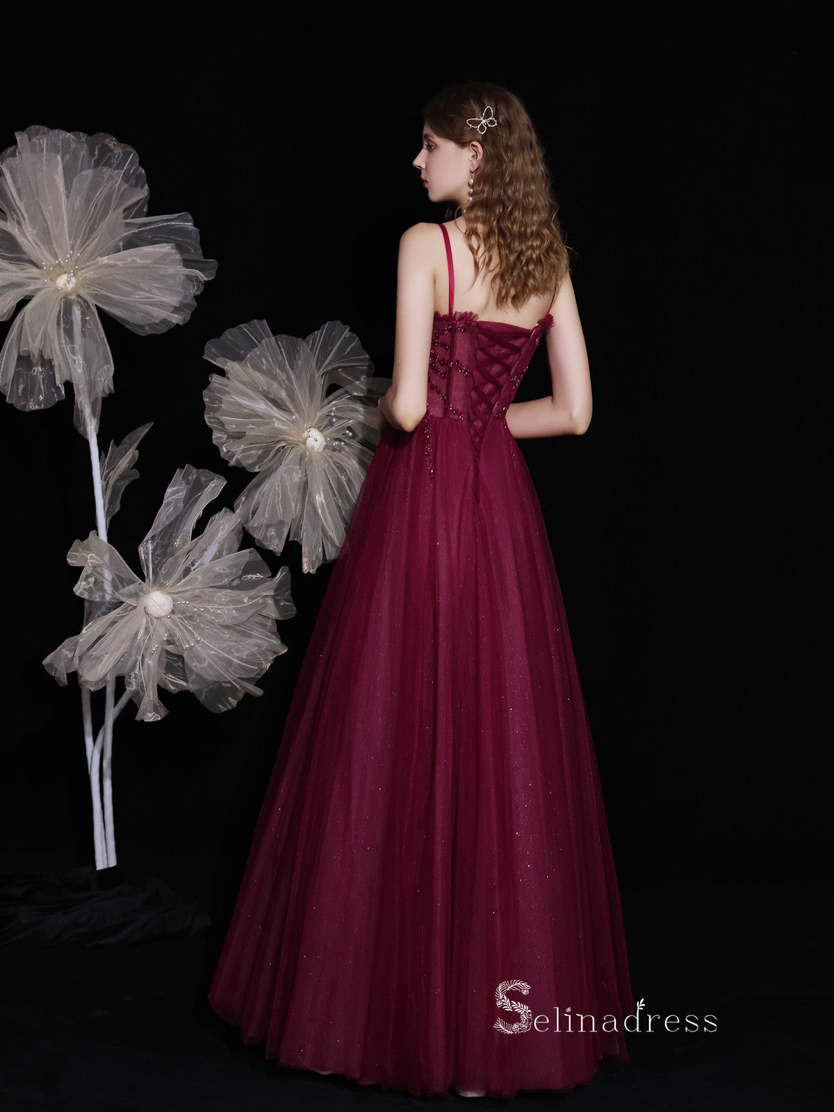 Chic A-line Spaghetti Straps Burgundy Long Prom Dresses Unique Formal Gowns CBD116