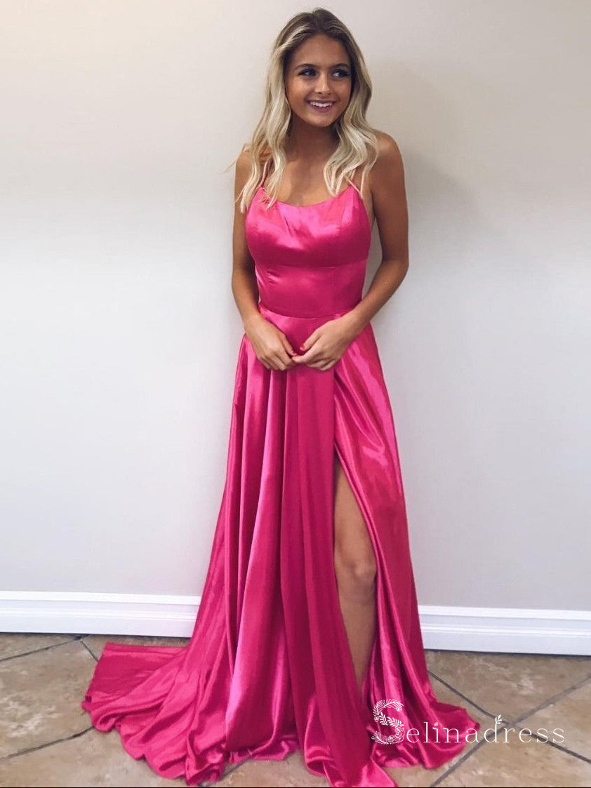 Chic A-line Spaghetti Straps Cheap Long Prom Dresses Fuchsia Evening Dress CBD087|Selinadress