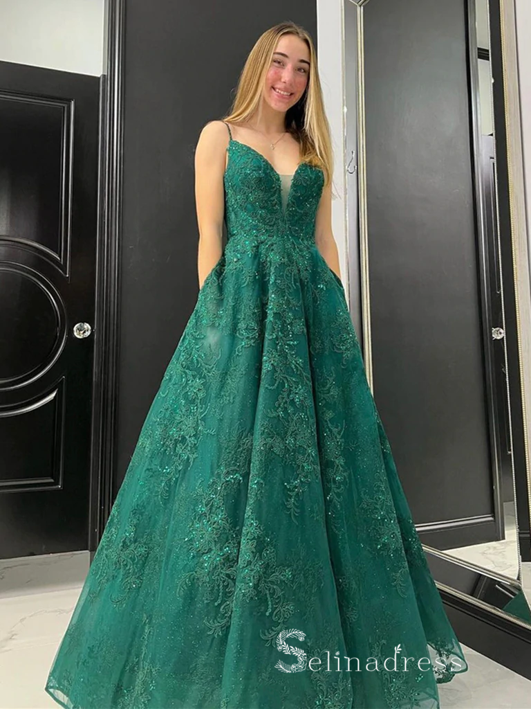 Chic A-line Spaghetti Straps Dark Green Long Prom Dresses Lace Evening Dresses MLH1238|Selinadress