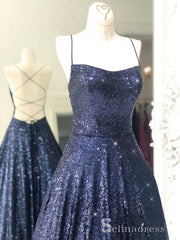 Chic A-line Spaghetti Straps Dark Navy Long Prom Dresses Sequins Evening Dress CBD221