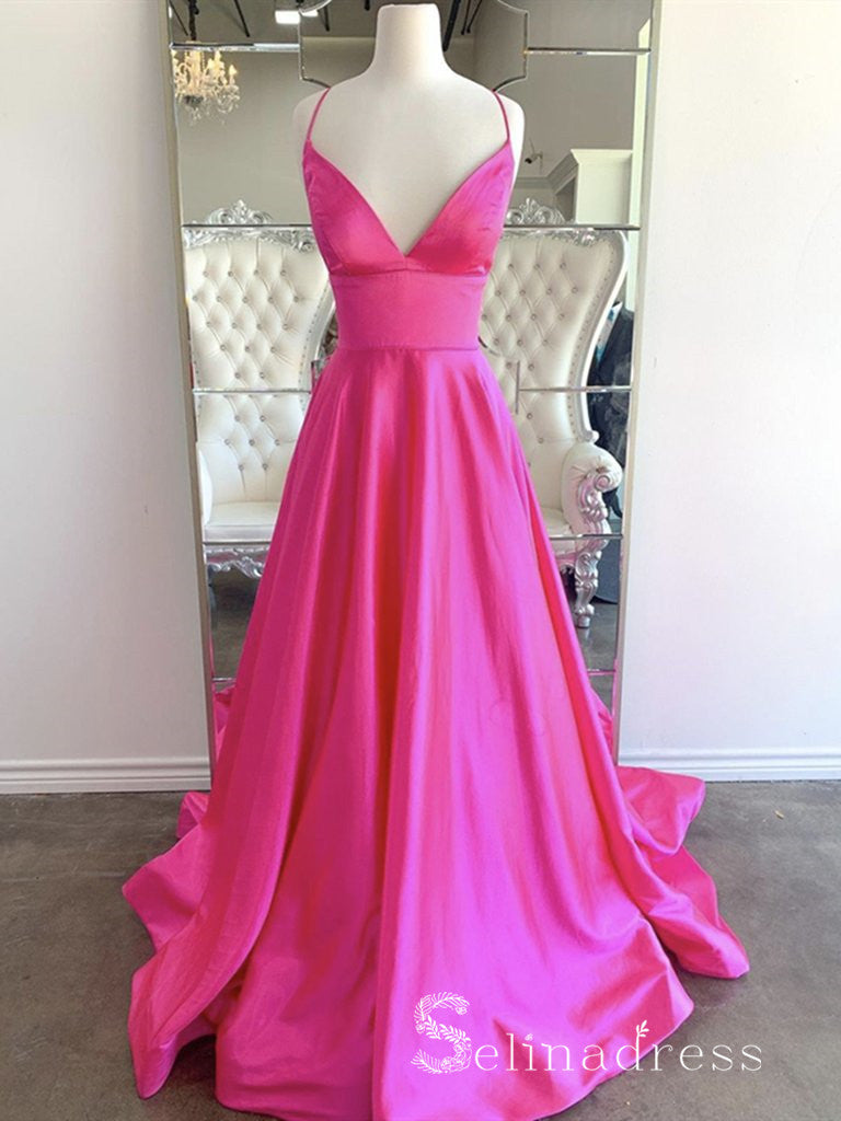 Chic A-line Spaghetti Straps Fuchsia Prom Dresses Satin Prom Dress Evening Dress CBD253|Selinadress