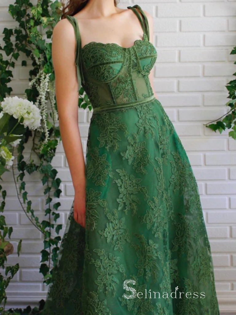 Chic A-line Spaghetti Straps Green Lace Long Prom Dresses Beautiful Evening Dresses MLH1222|Selinadress