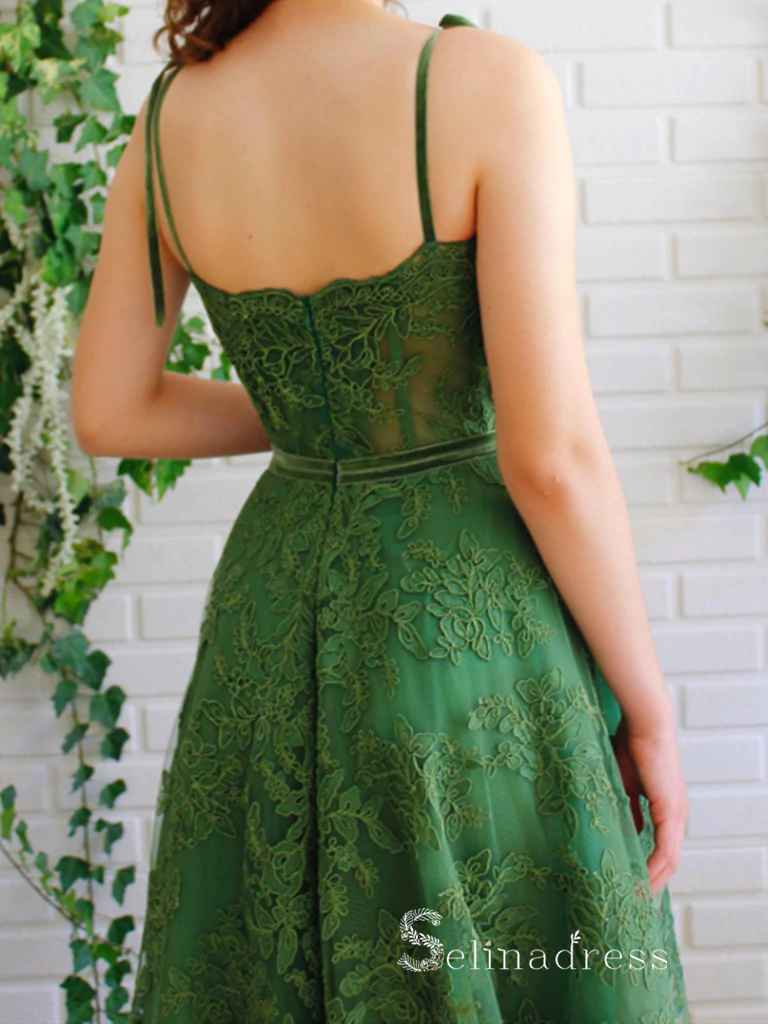 Chic A-line Spaghetti Straps Green Lace Long Prom Dresses Beautiful Evening Dresses MLH1222|Selinadress