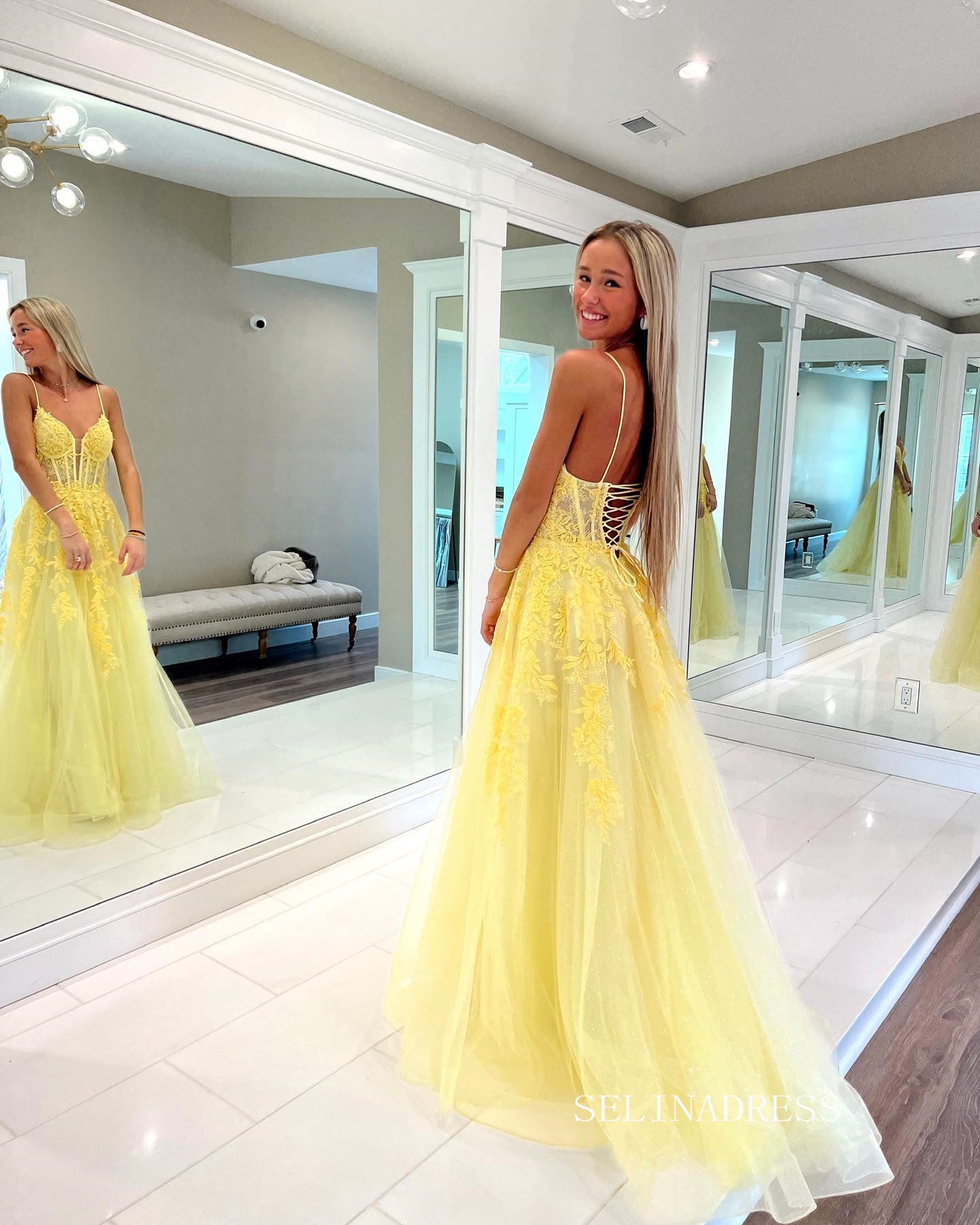 Chic A-line Spaghetti Straps Lace Long Prom Dress Yellow Elegant Evening Dresses #LOP805|Selinadress