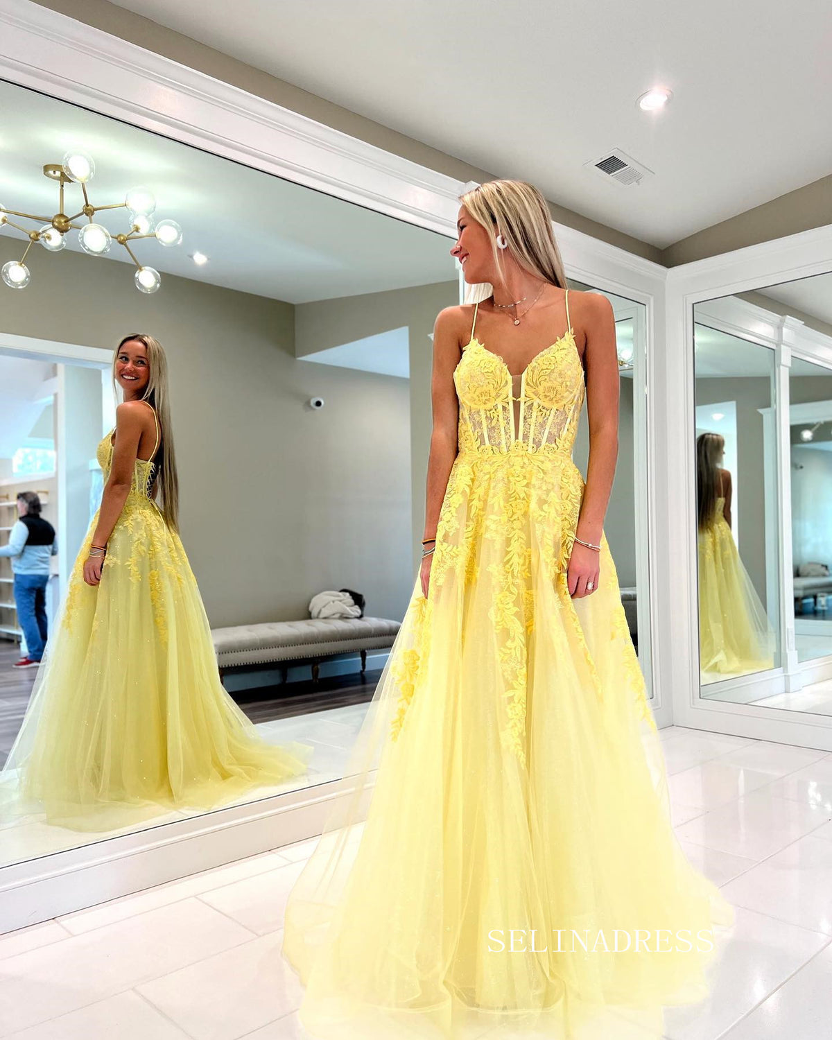 Chic A-line Spaghetti Straps Lace Long Prom Dress Yellow Elegant Evening Dresses #LOP805|Selinadress