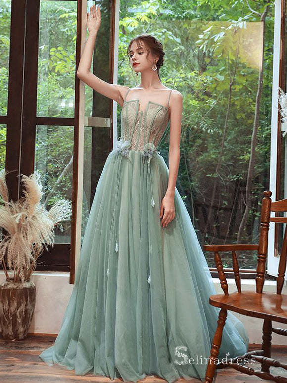 A Line V Neck Green Lace Long Prom Dresses, Green Lace Formal Dresses,  Green Evening Dresses SP2535