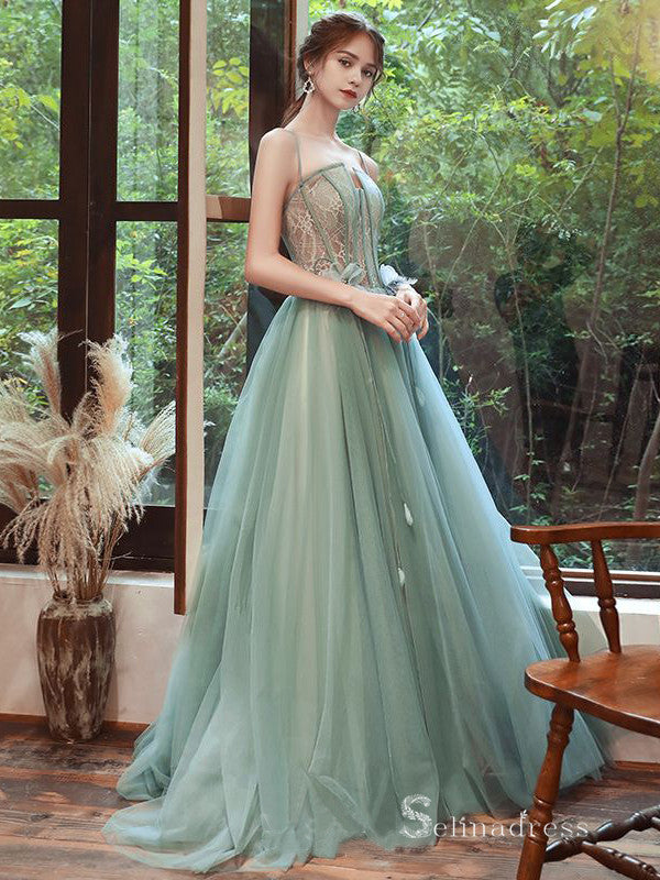 Chic A-line Spaghetti Straps Lace Long Prom Dresses Green Evening Gowns CBD221|Selinadress