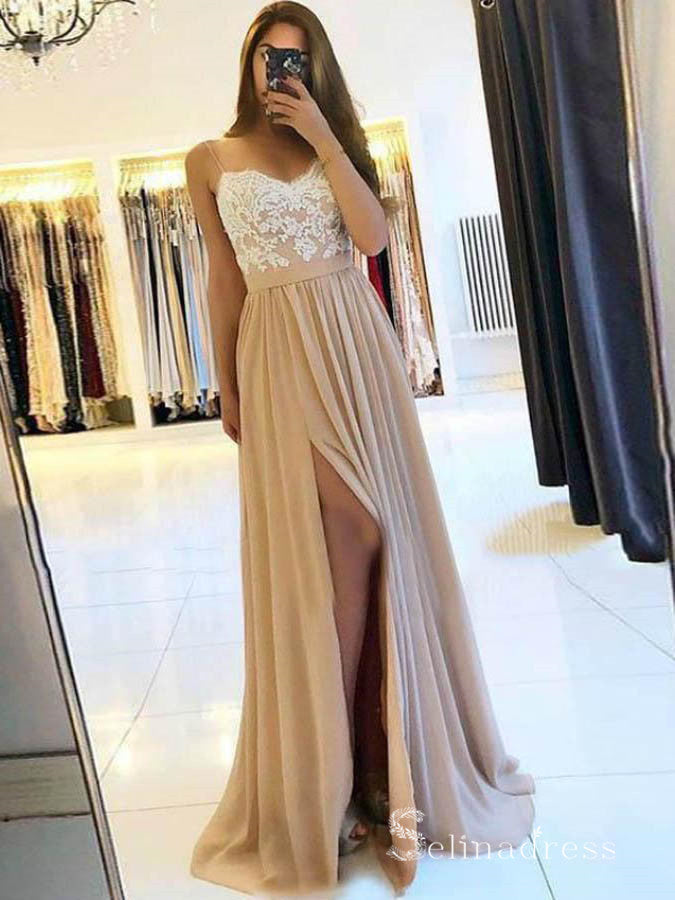 Chic A-line Spaghetti Straps Lace Prom Dresses Chiffon Lace Evening Dress MHL169|Selinadress