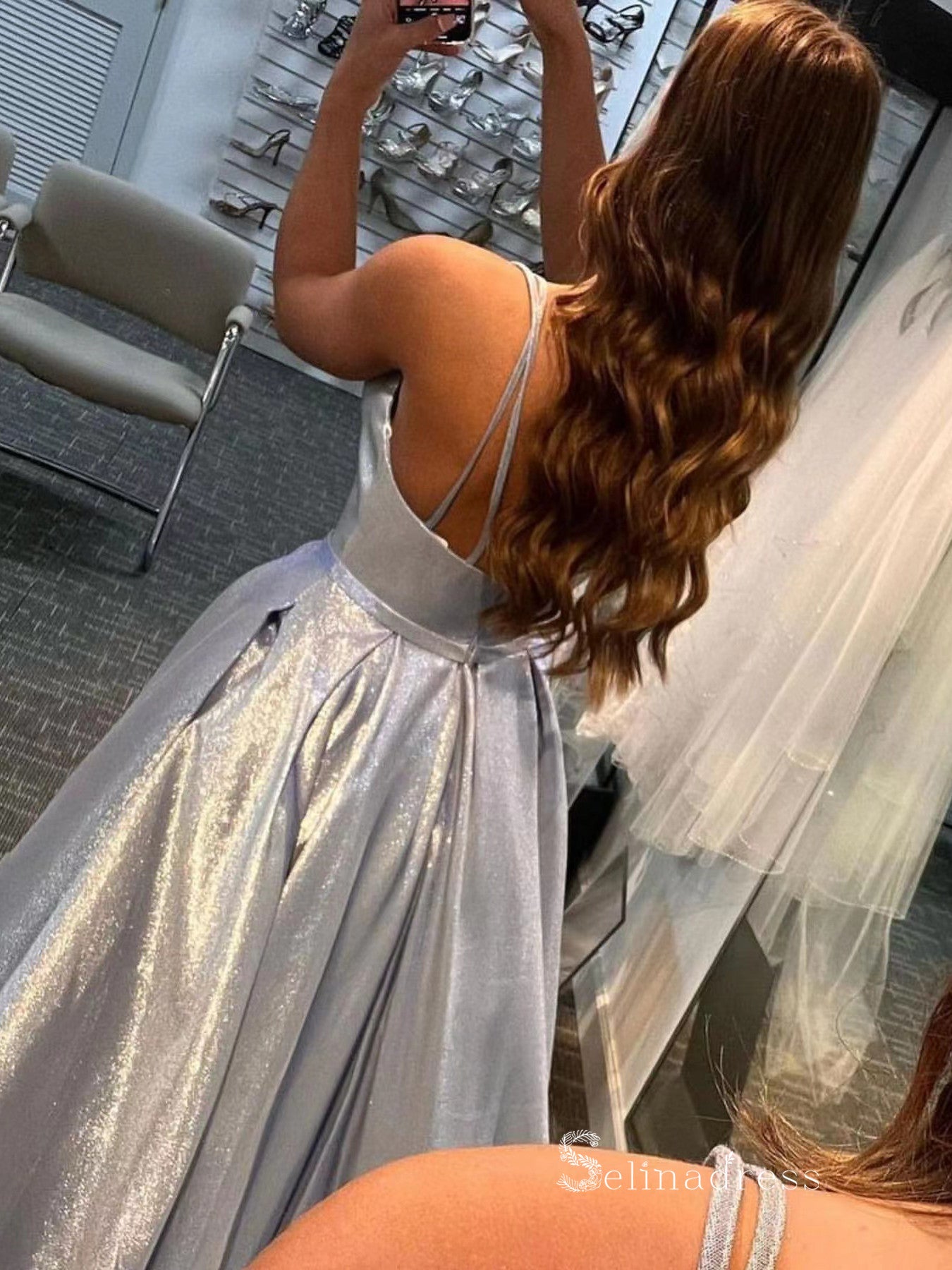 Chic A-line Spaghetti Straps Light Sky Blue Long Prom Dresses Sparkly Evening Dress MLK031|Selinadress