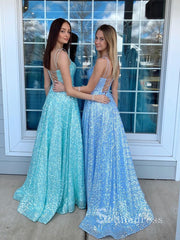 Chic A-line Spaghetti Straps Long Prom Dresses Blue Evening Dress CBD066