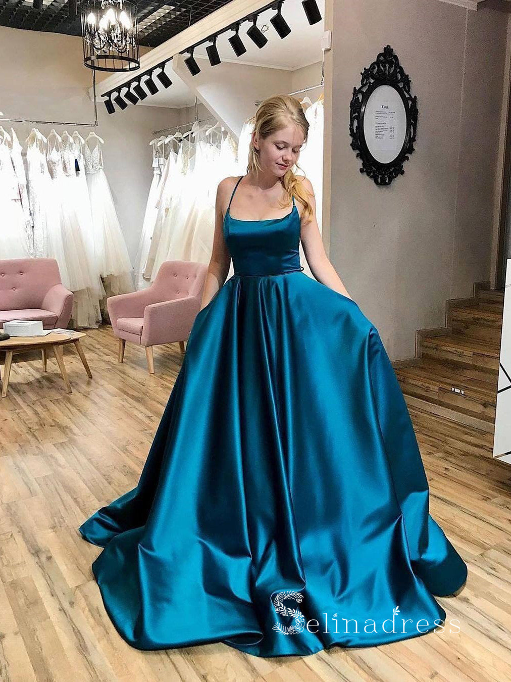 Chic A-line Spaghetti Straps Long Prom Dresses Cheap Evening Dress CBD047