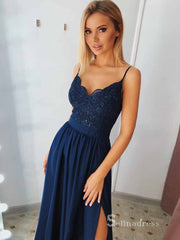 Chic A-line Spaghetti Straps Long Prom Dresses Lace Evening Gowns MHL2868|Selinadress