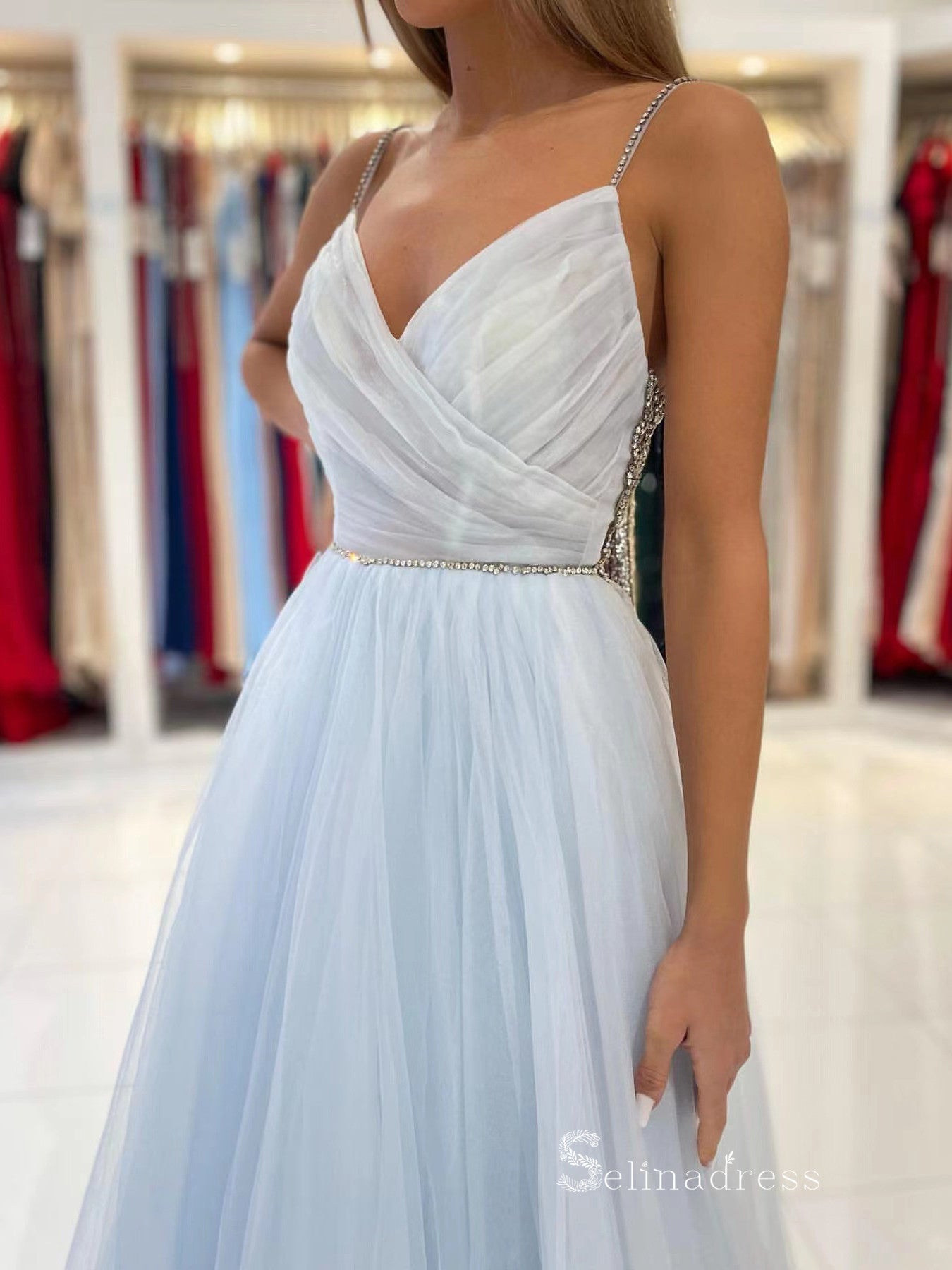 Chic A-line Spaghetti Straps Long Prom Dresses Light Sky Blue Blackless Evening Dress MLK023|Selinadress