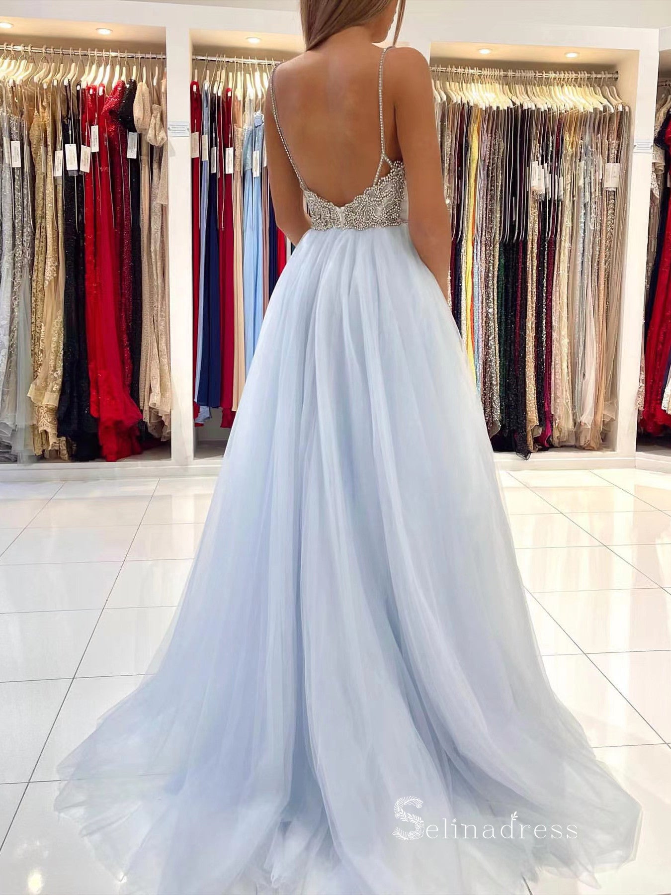 Chic A-line Spaghetti Straps Long Prom Dresses Light Sky Blue Blackless Evening Dress MLK023|Selinadress