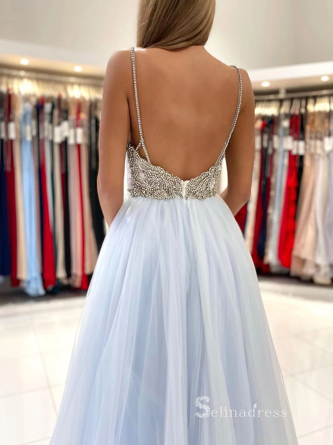 Chic A-line Spaghetti Straps Long Prom Dresses Light Sky Blue Blackless Evening Dress MLK023|Selinadress