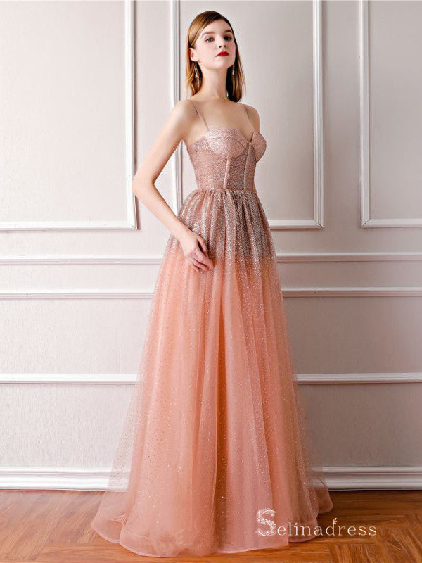 Chic A-line Spaghetti Straps Long Prom Dresses Sparkly Tulle Formal Gowns CBD213|Selinadress