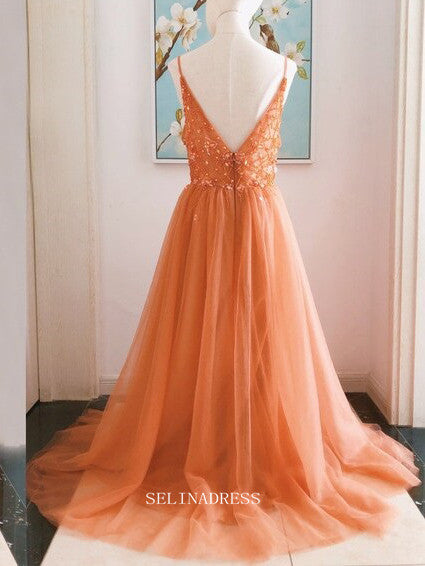 Chic A line Spaghetti Straps Orange Long Prom Dresses Beaded Princess SELINADRESS